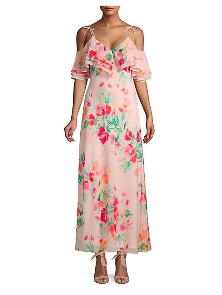 Floral Ruffle Cold-Shoulder Maxi Dress