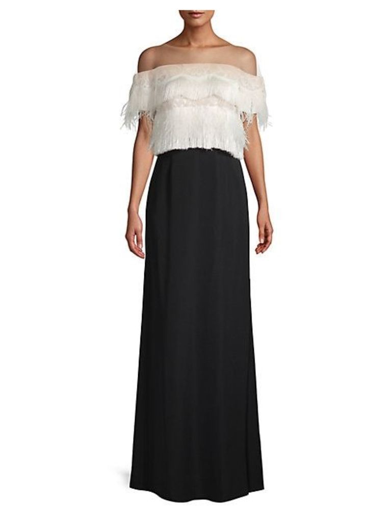 Lace & Feather Illusion Off-The-Shoulder Gown