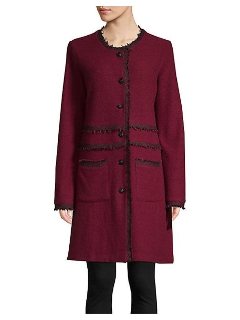 Collarless Tweed-Trimmed Long Coat