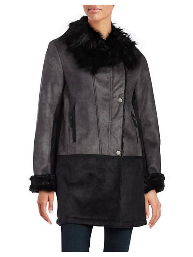 Faux-Fur-Trim Asymmetrical Leatherette Coat