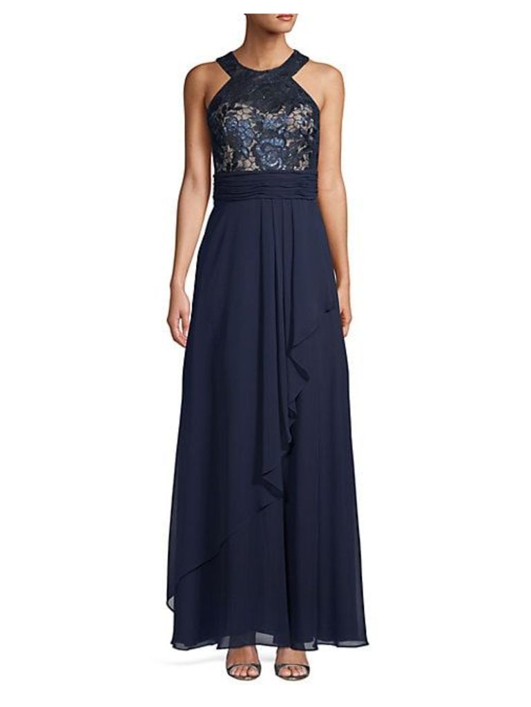 Lace-Bodice Halter Gown
