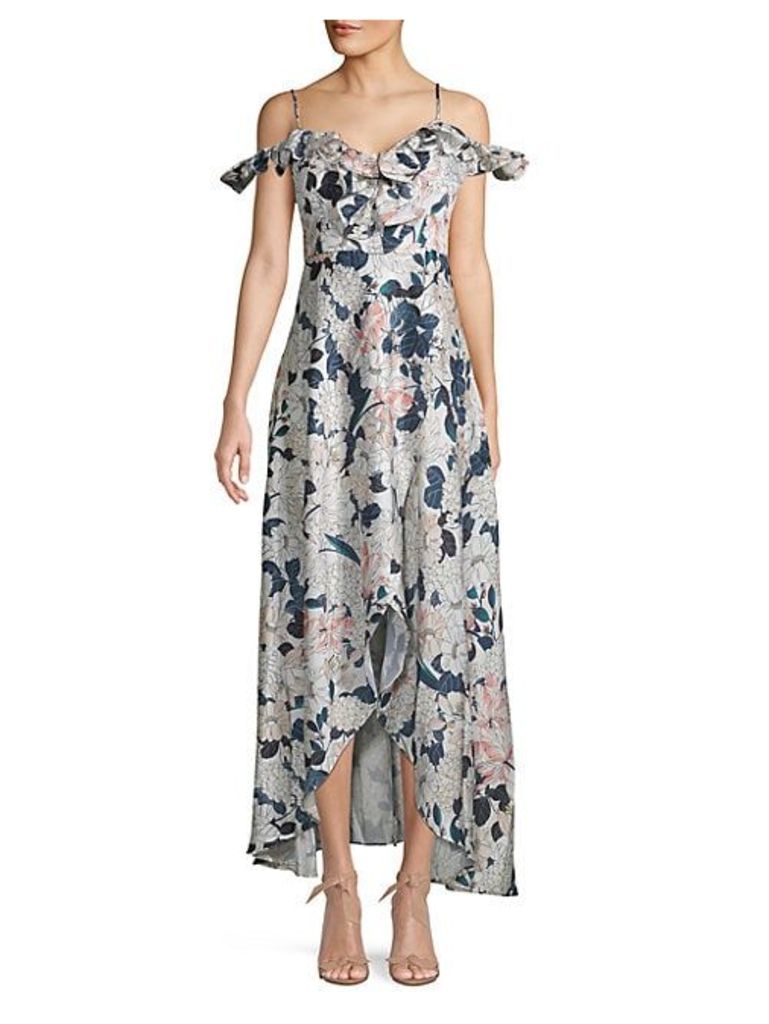 Ruffled Cold-Shoulder Floral Maxi Dress