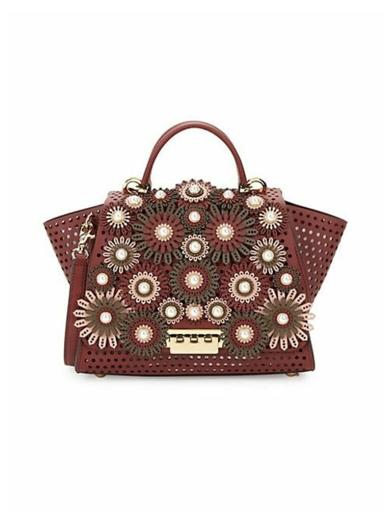 Perforated Leather & Faux-Pearl Floral Top Handle Bag