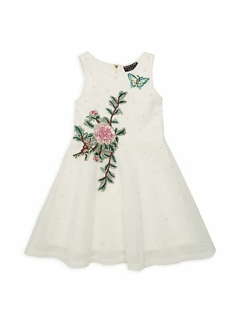 Girl's Pearl Embellished Floral Applique Fit-&-Flare Dress