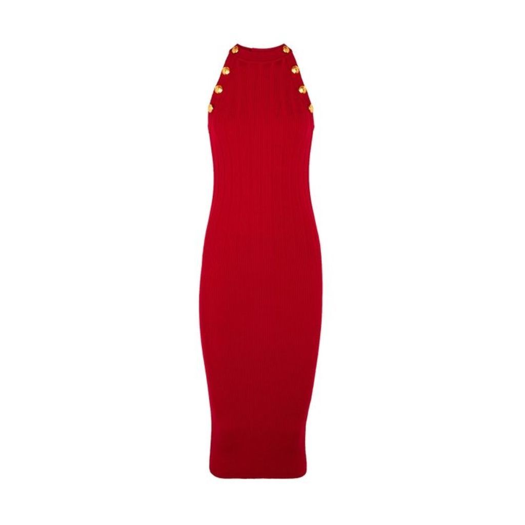 Balmain Red Stretch-knit Midi Dress
