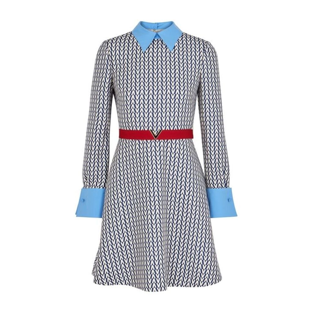 Valentino Blue Monogrammed Wool-blend Shirt Dress