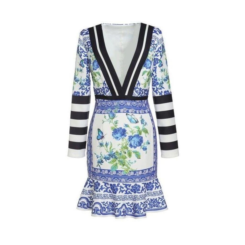 Comino Couture London Blue Grecian Floral Tile Deep V Plunge Peplum Dress