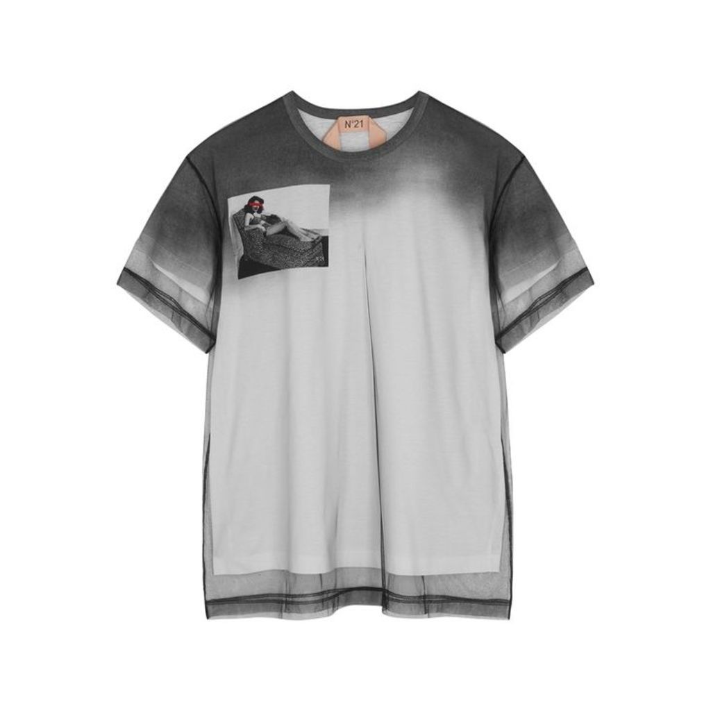 No.21 Tulle-layered Printed Cotton T-shirt
