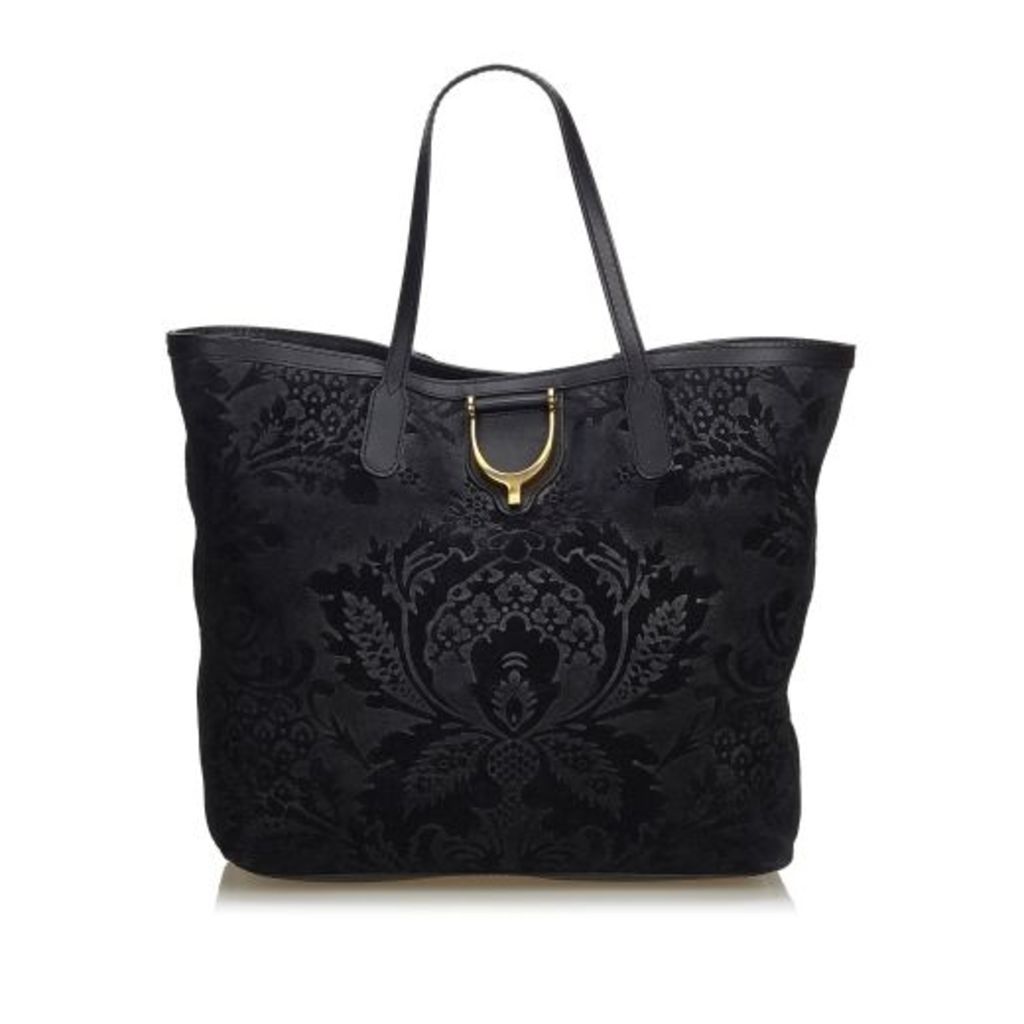 Gucci Black Suede Brocade Stirrup Tote Bag