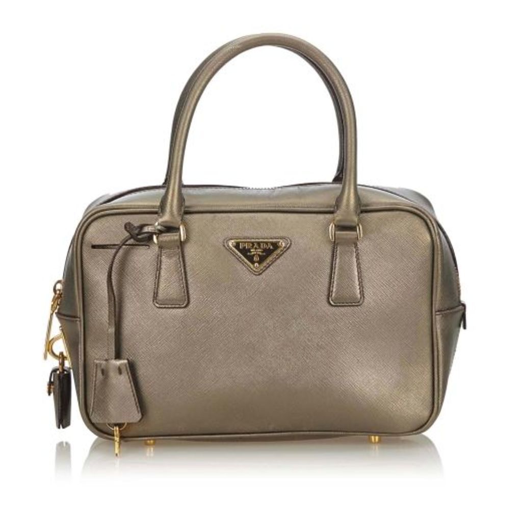 Prada Silver Saffiano Leather Bauletto Handbag