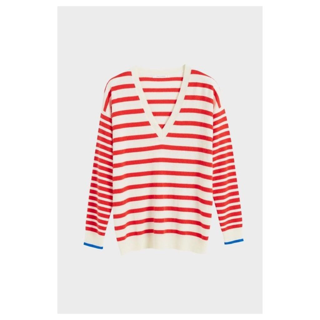 Chinti & Parker Red Striped Cashmere V Neck Sweater
