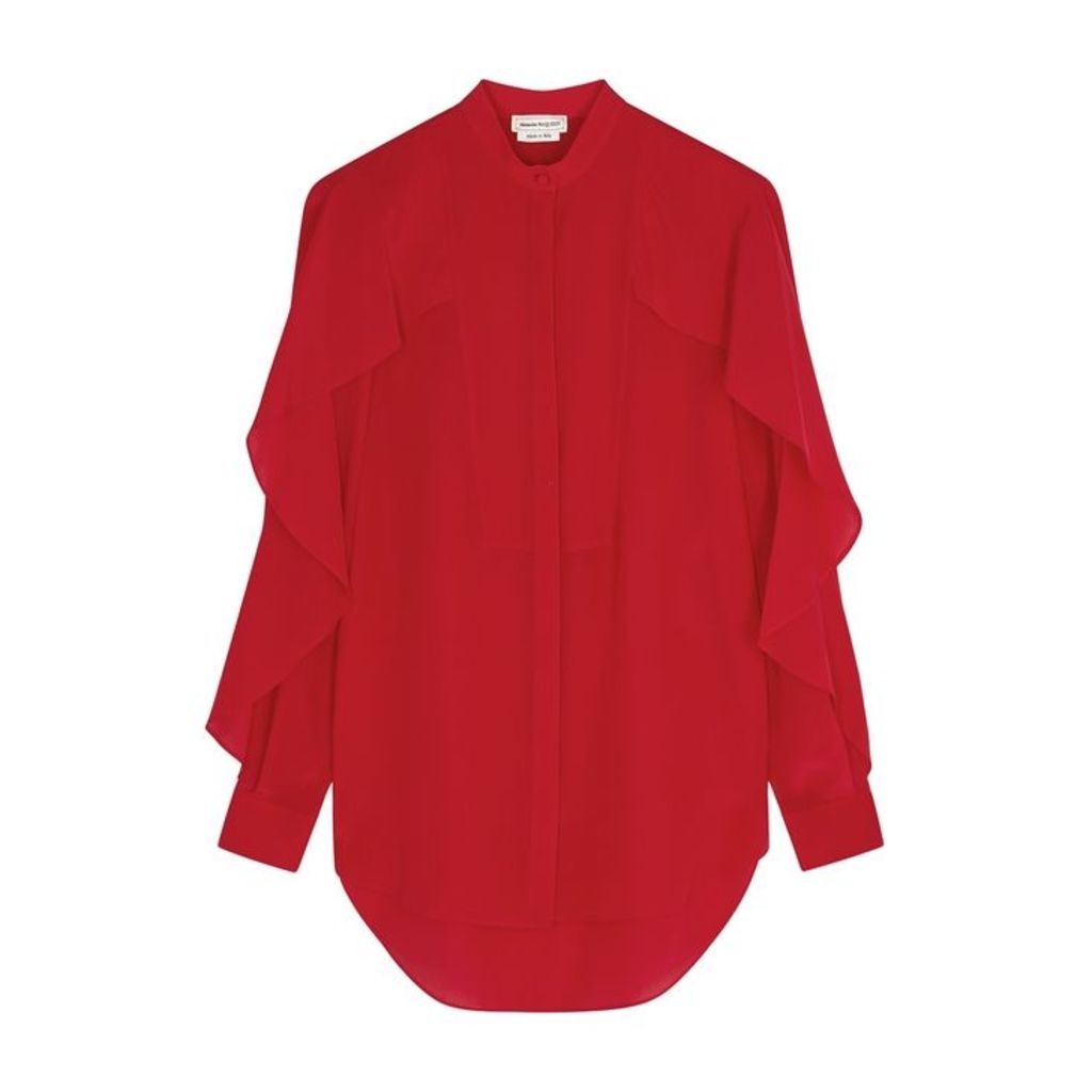 Alexander McQueen Red Ruffle-trimmed Silk Blouse