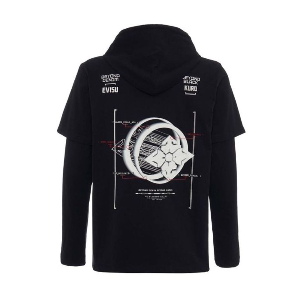 Evisu Kamon Planet Print 2-in-1 Hooded Long Sleeve T-shirt
