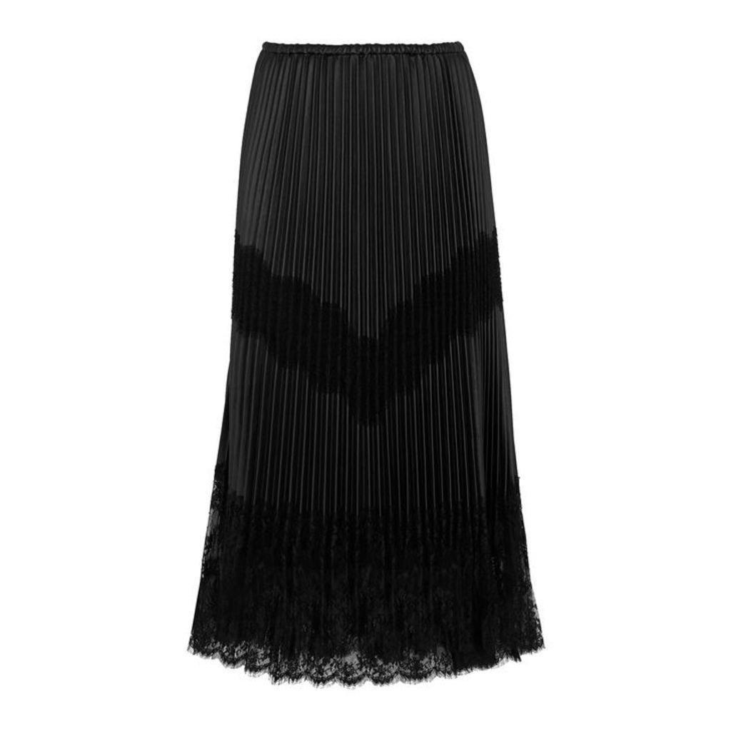 Valentino Black Pleated Leather And Lace Skirt