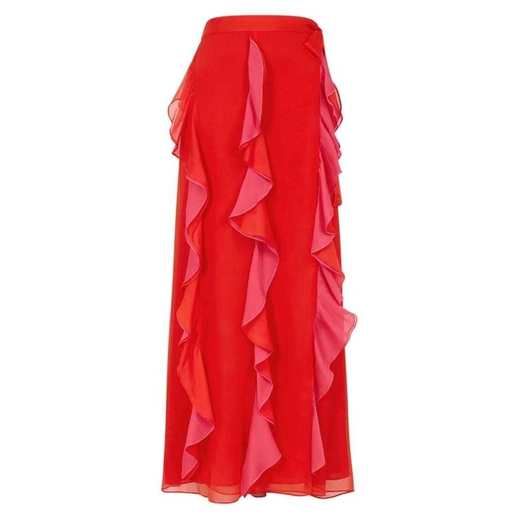 Diane Von Furstenberg Salona Red Ruffled Georgette Midi Skirt