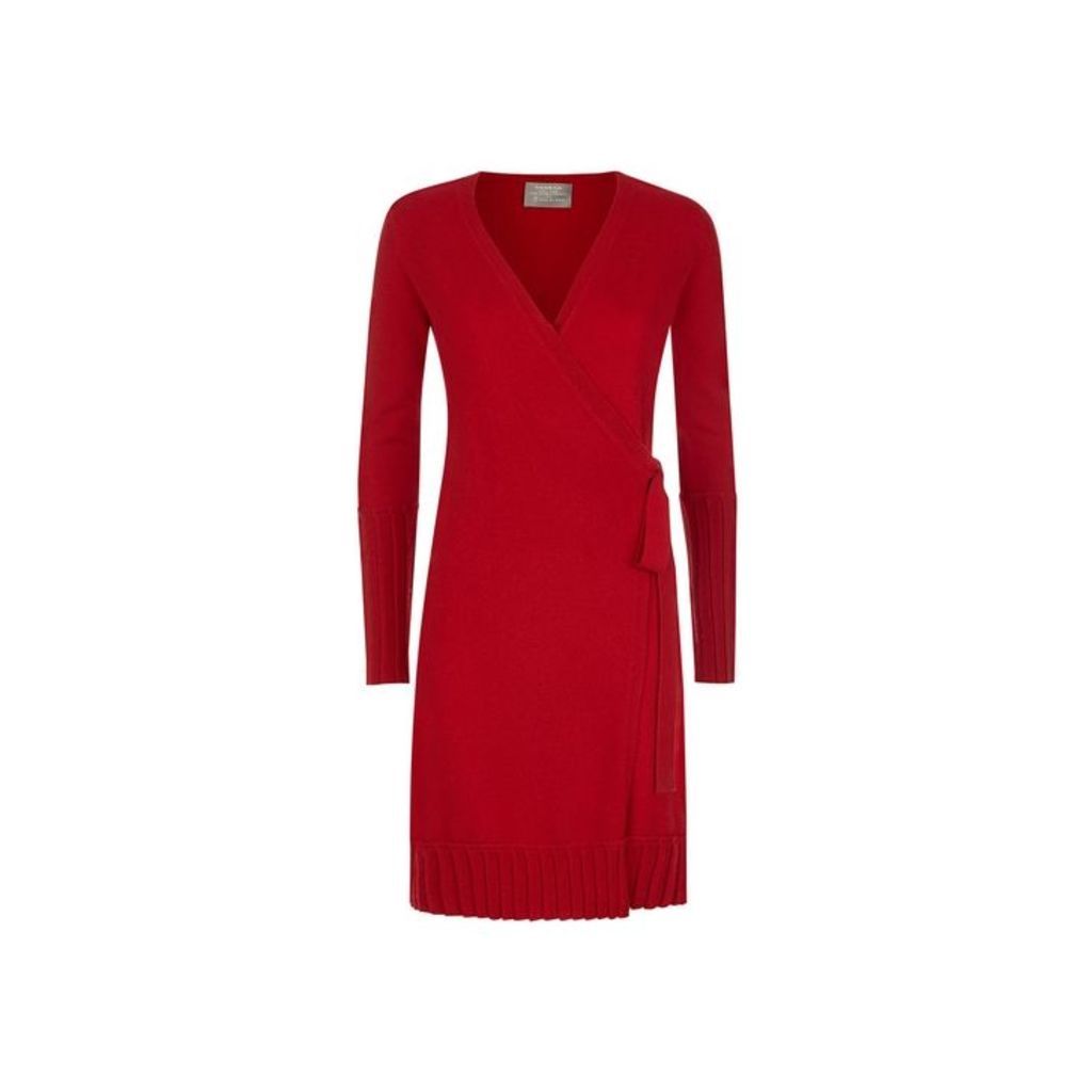 Varana Red Wrap Cashmere Dress With Pleat Detail