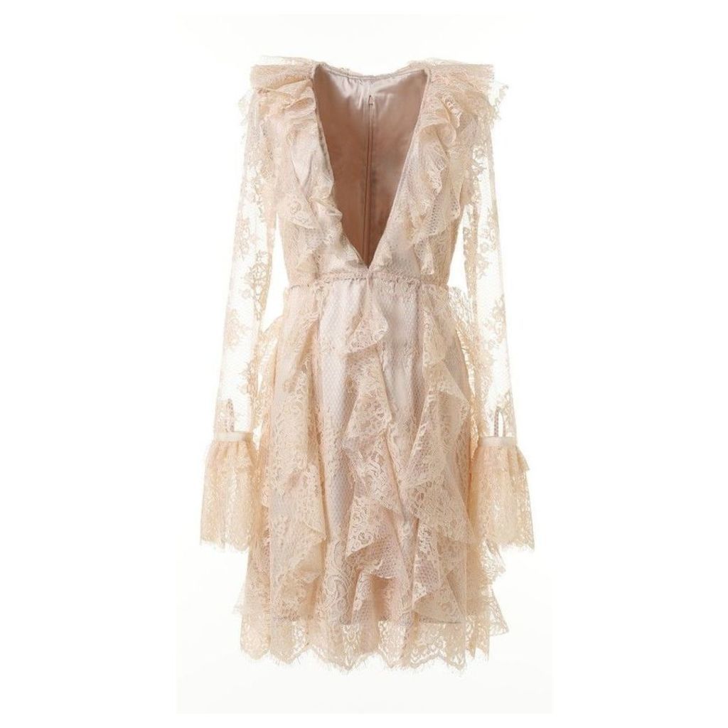 Comino Couture Delicate Nude Lace Deep V Plunge Dress