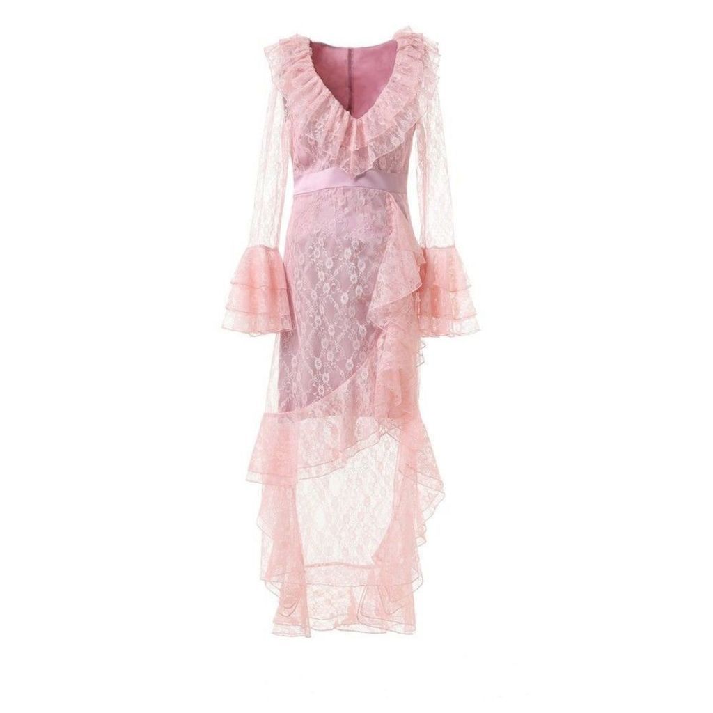 Comino Couture Baby Pink Sheer Lace Ruffle Maxi Dress