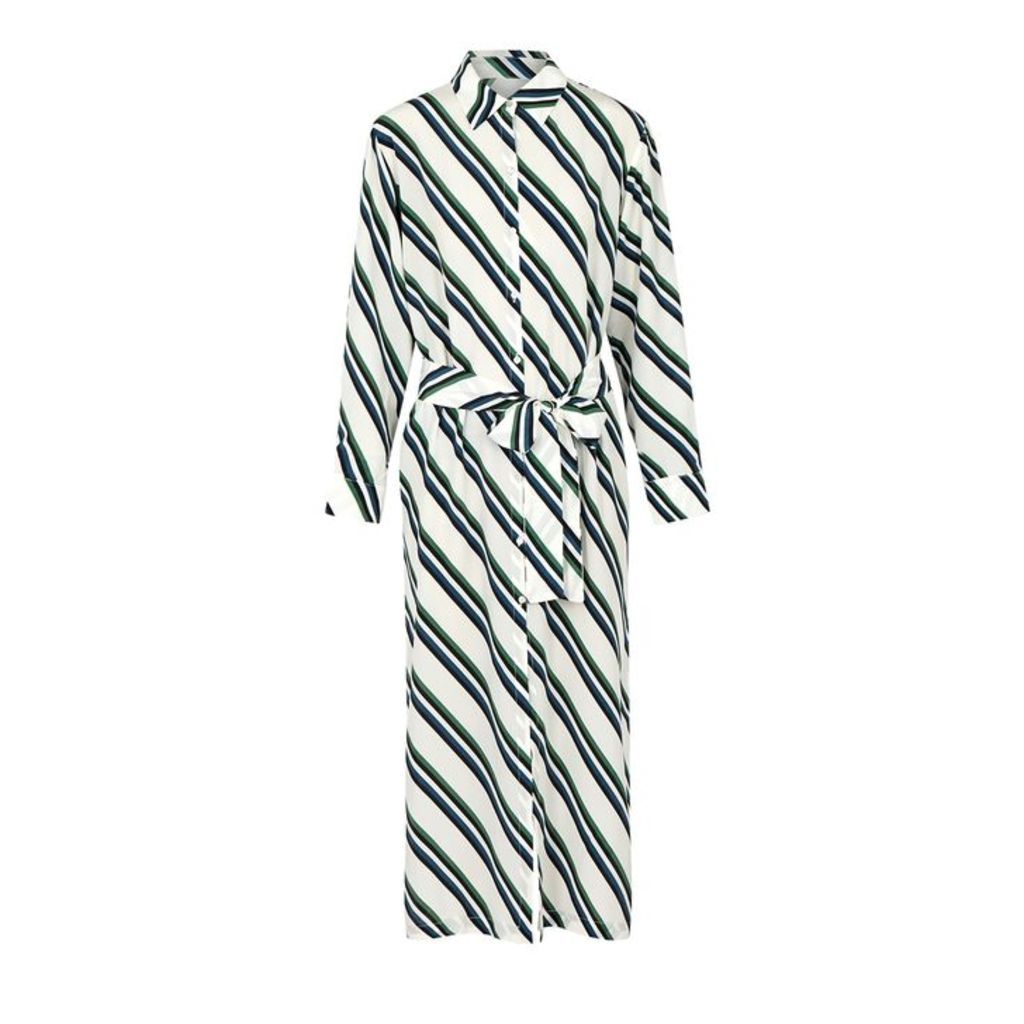 ASCENO Striped Silk Midi Shirt Dress