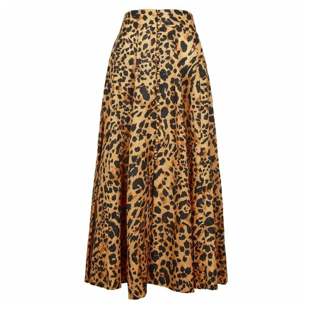 Zimmermann Veneto Leopard-print Linen Midi Skirt