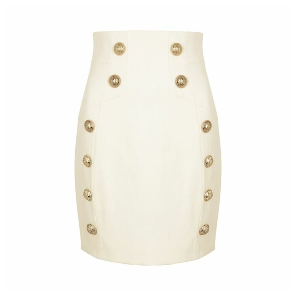 Balmain White Button-embellished Wool Mini Skirt