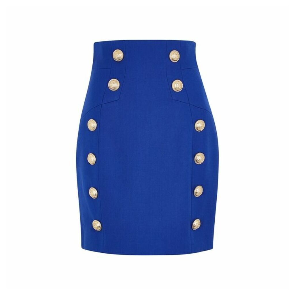 Balmain Blue Button-embellished Wool Mini Skirt