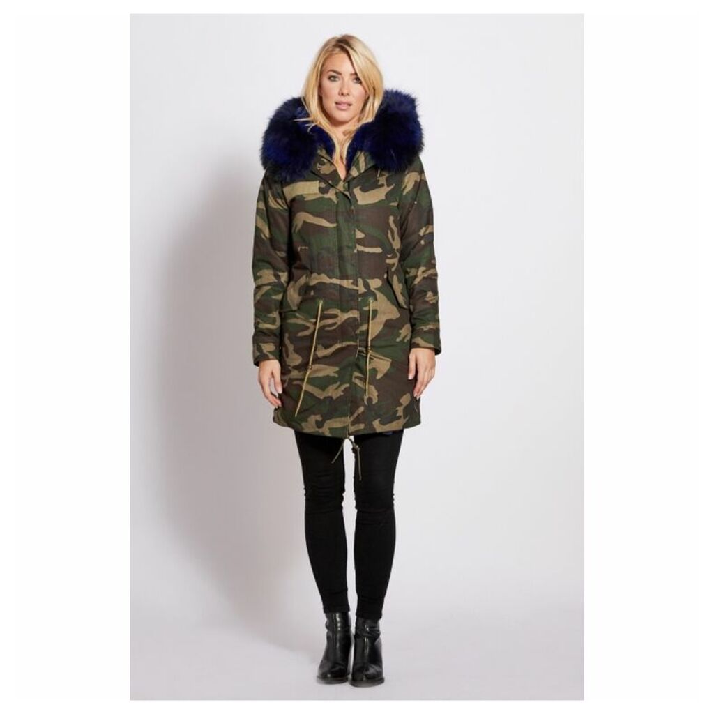 Popski London 3-4 Camouflage Parka With Navy Fur Collar And Lining