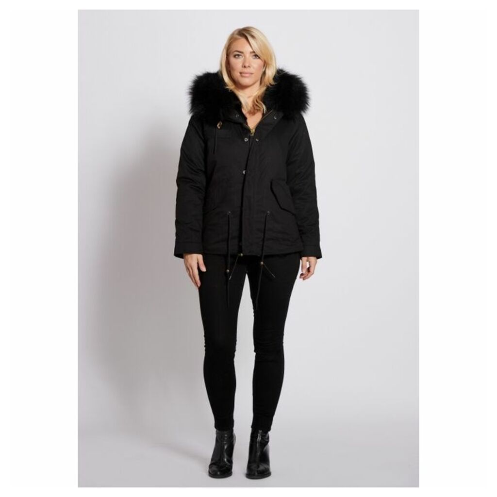 Popski London Popski London Black Fur Lined Parka Jacket With Black Raccoon Collar