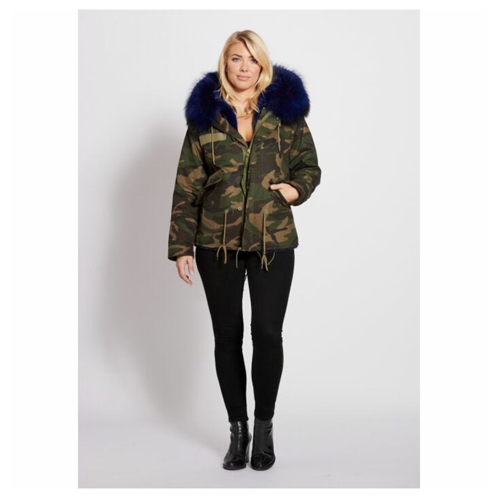 Popski London Camouflage Parka With Navy Fur Collar And Faux Lining