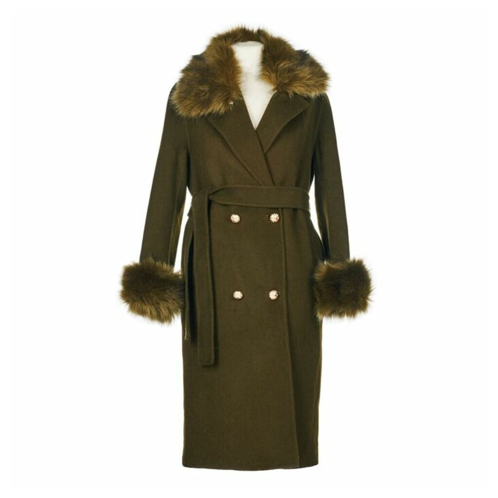 Popski London Khaki Cashmere Faux Fur Trim Coat