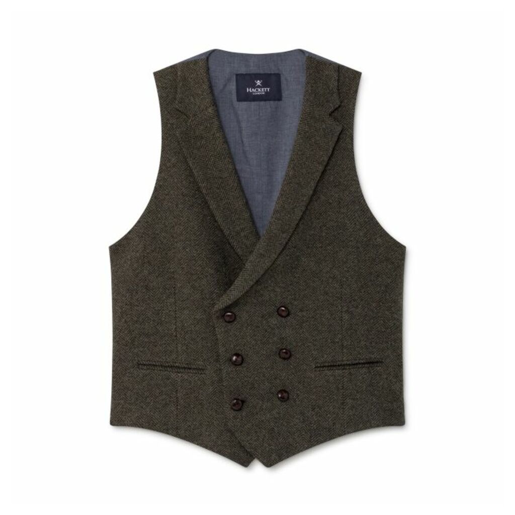 Hackett Herringbone Knit Wool Blend Double Breasted Waistcoat