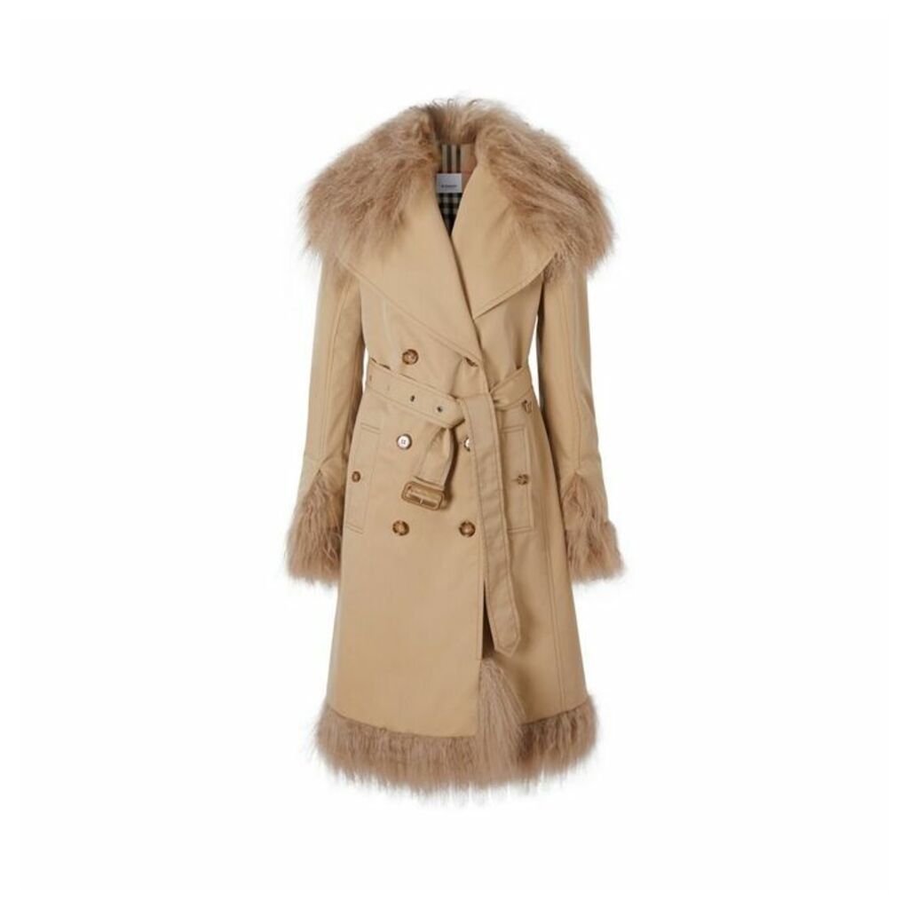 Burberry Shearling Trim Cotton Gabardine Belted Trench Coat