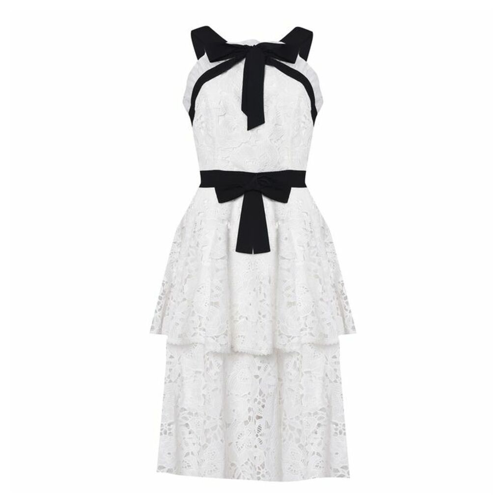 True Decadence White Black Lace Cut Work Tiered Midi Dress