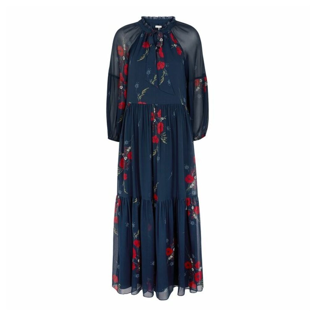 Joie Saffrona Navy Floral-print Silk Dress