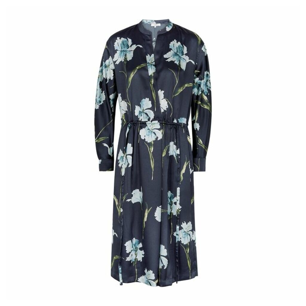 Vince Navy Floral-print Satin Midi Shirt Dress