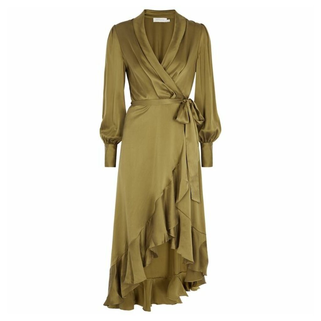 Zimmermann Super Eight Olive Silk-satin Wrap Dress
