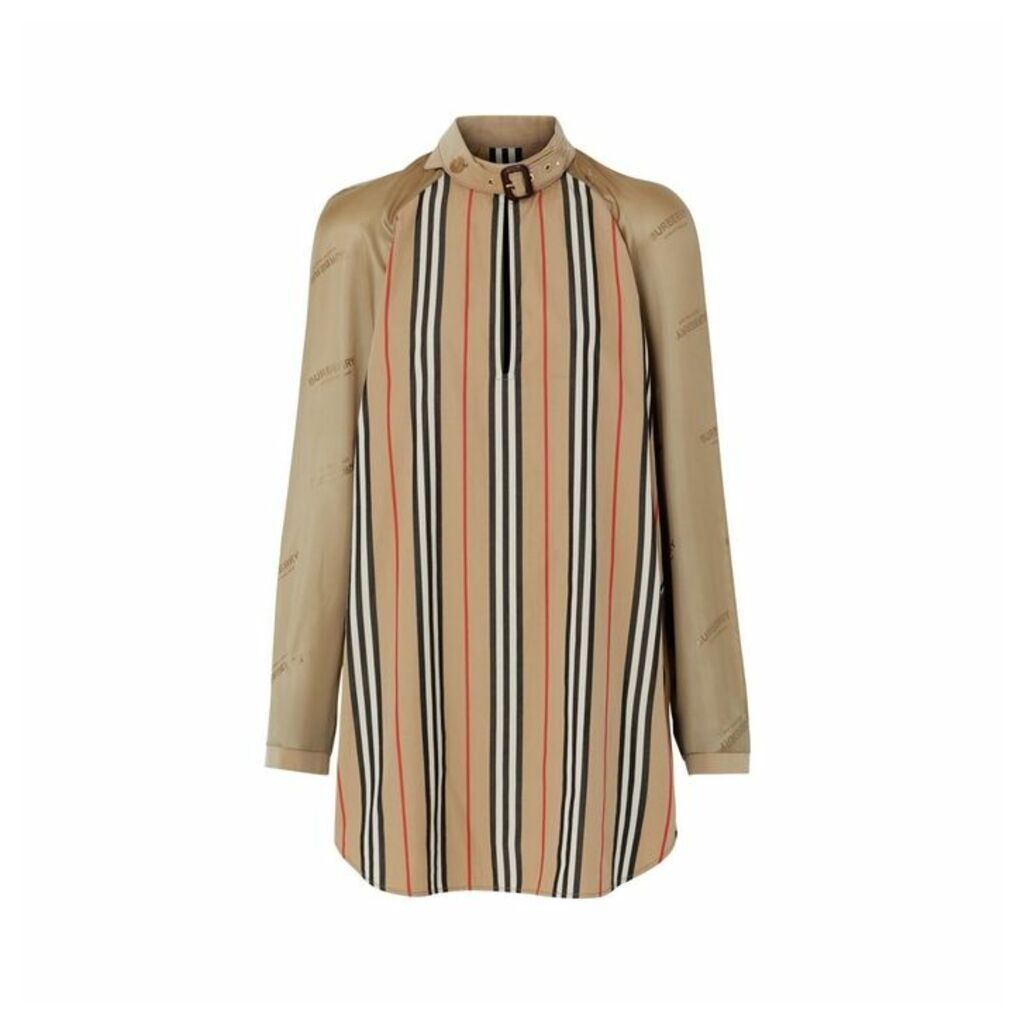 Burberry Cut-out Detail Icon Stripe Silk Oversized Shirt