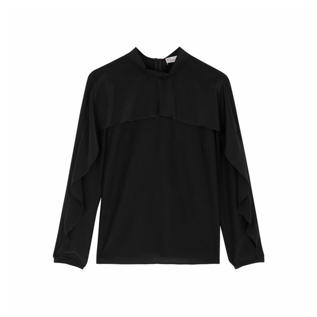 RED Valentino Black Ruffle-trimmed Silk Top
