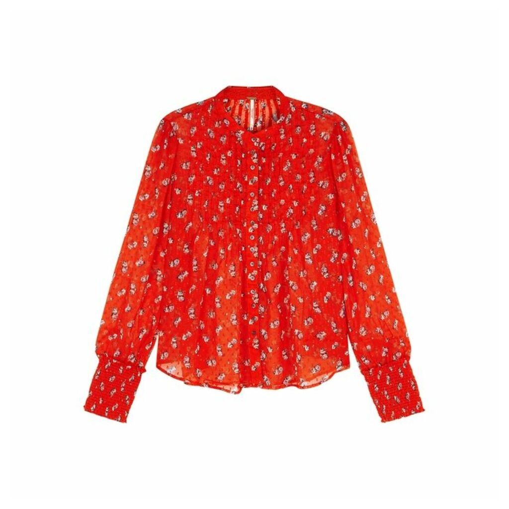 Free People Flowers In December Red Chiffon Blouse
