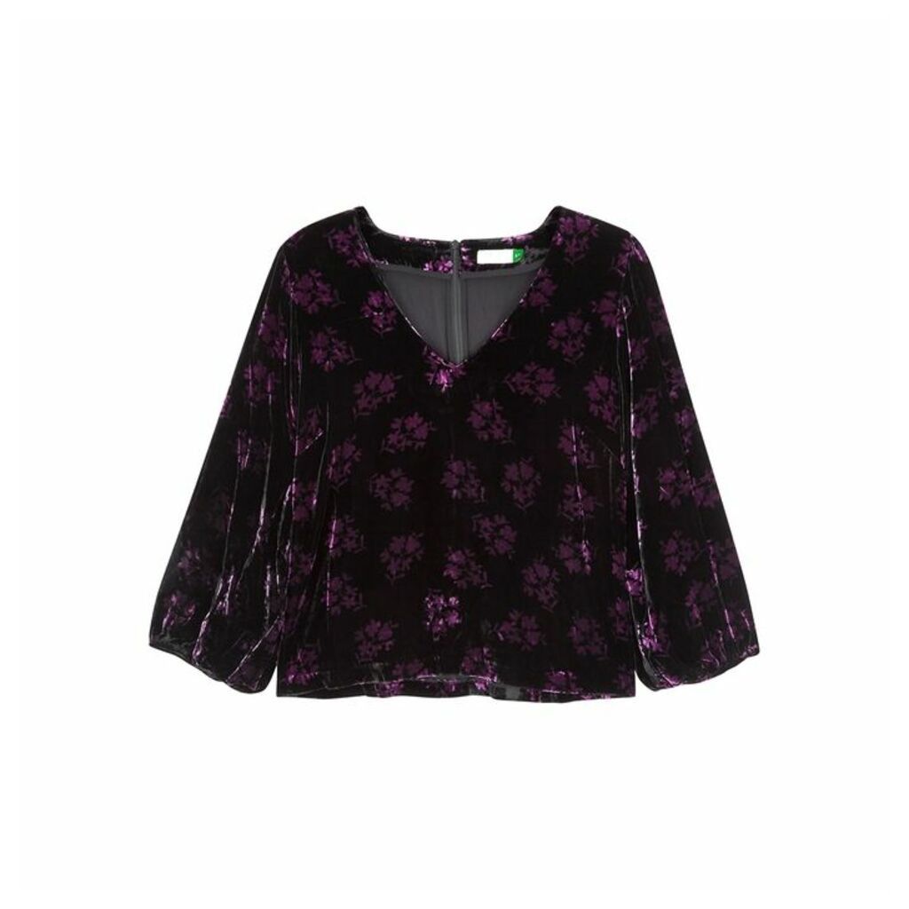 RIXO Millie Black Floral-print Velvet Top
