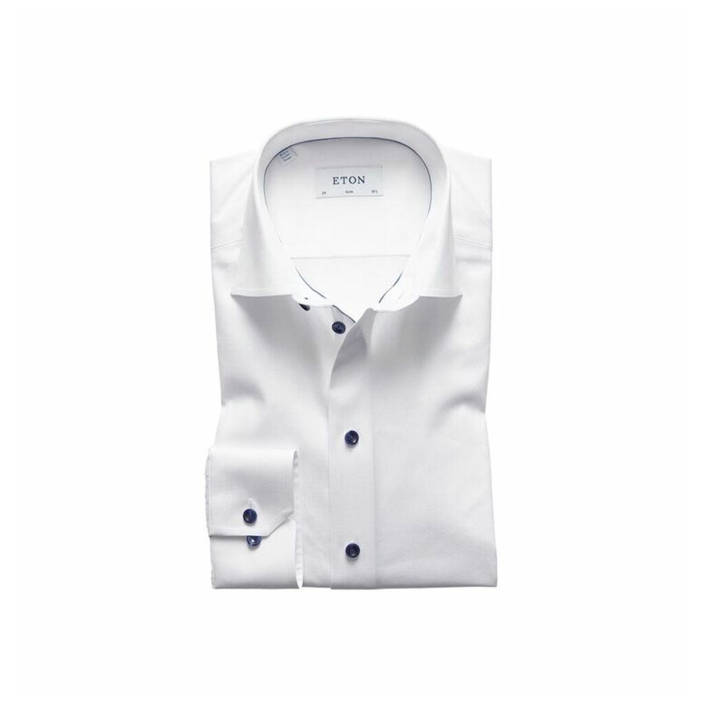 Eton White Twill Shirt With Navy Details - Slim Fit