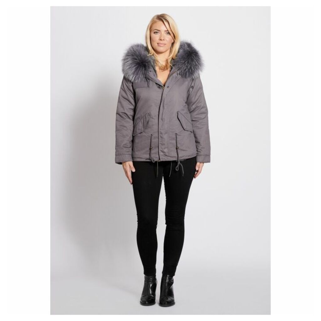 Popski London Grey Parka Jacket With Matching Raccoon Fur Collar