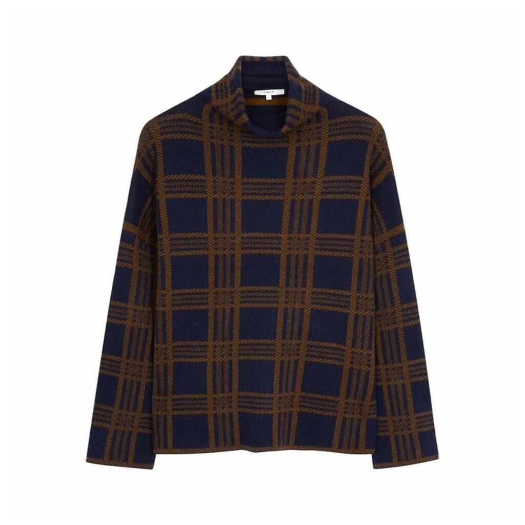Vince Navy Checked Wool-blend Jumper