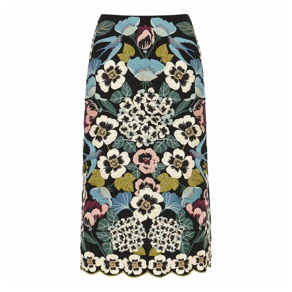 RED Valentino Black Floral-embroidered Midi Skirt