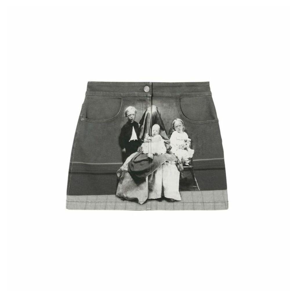Burberry Victorian Portrait Print Stretch Denim Mini Skirt