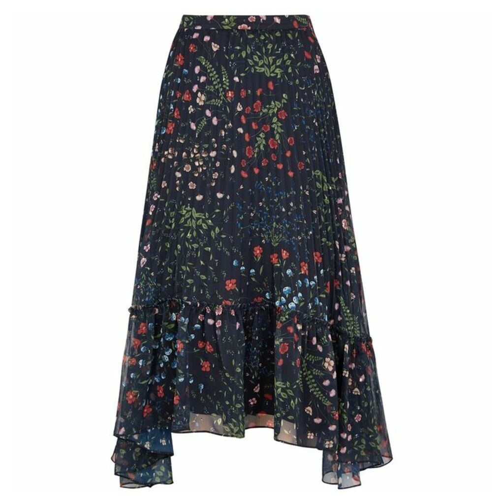 Joie Noora Navy Floral-print Pleated Skirt