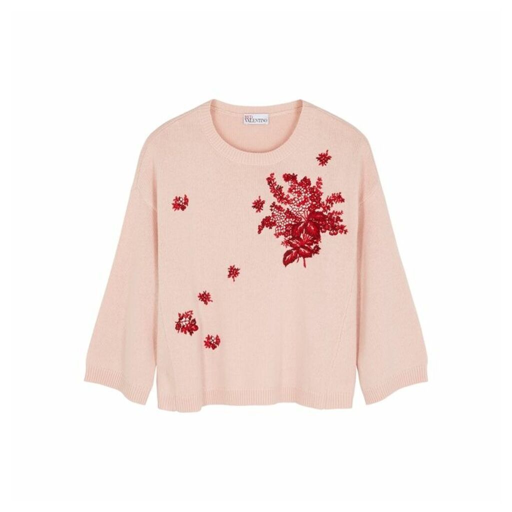 RED Valentino Pink Floral-embroidered Wool-blend Jumper