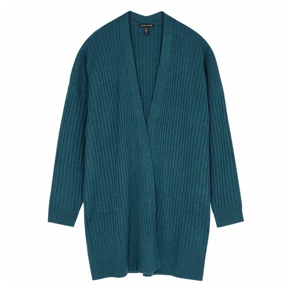 EILEEN FISHER Teal Ribbed Cashmere Cardigan