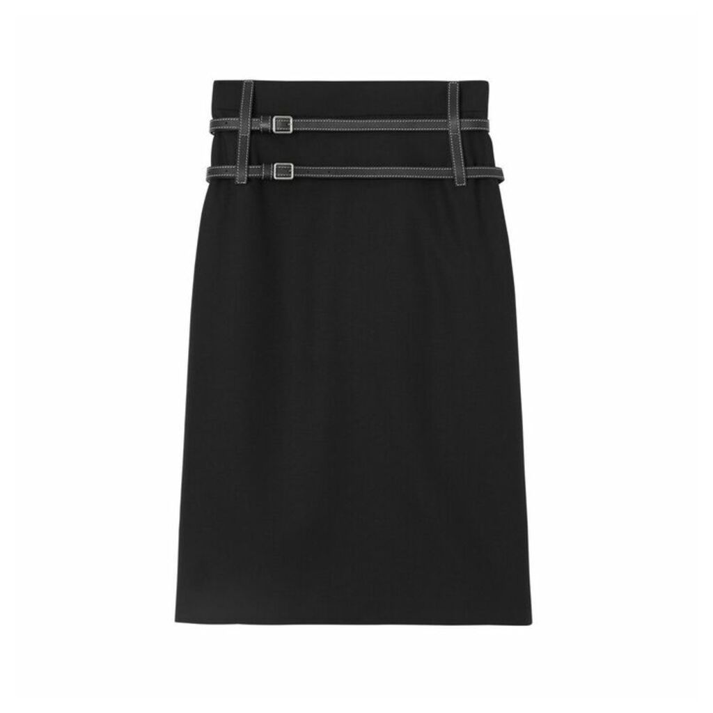 Burberry Leather Harness Detail Wool Pencil Skirt