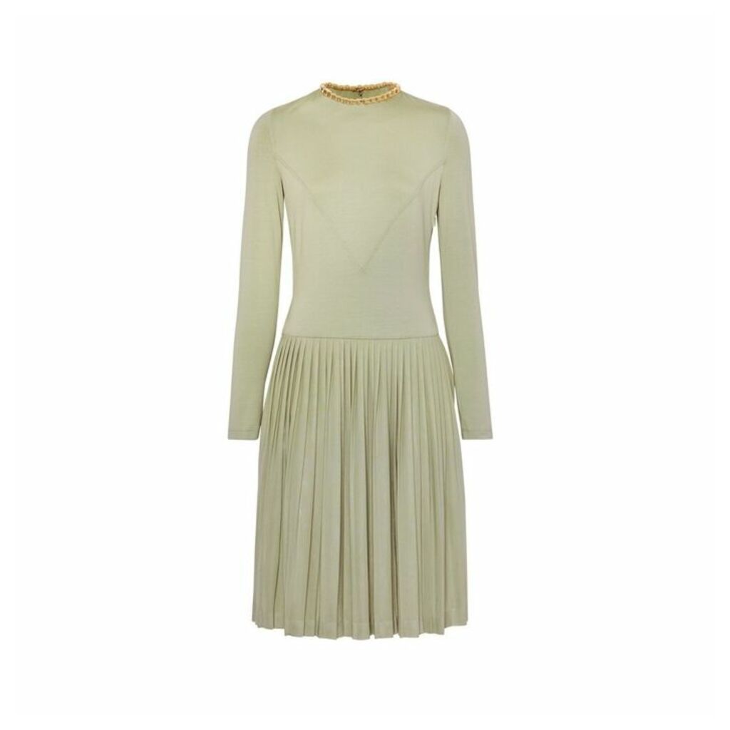 Burberry Chain Detail Pleated Stretch Silk And Crepe Dress